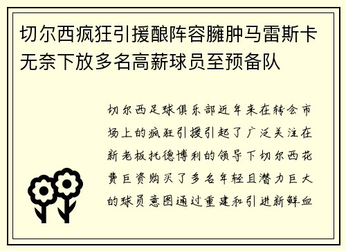 切尔西疯狂引援酿阵容臃肿马雷斯卡无奈下放多名高薪球员至预备队