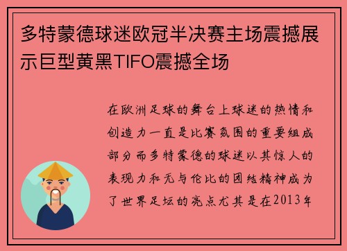 多特蒙德球迷欧冠半决赛主场震撼展示巨型黄黑TIFO震撼全场