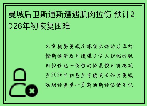 曼城后卫斯通斯遭遇肌肉拉伤 预计2026年初恢复困难