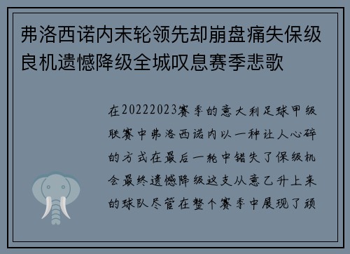 弗洛西诺内末轮领先却崩盘痛失保级良机遗憾降级全城叹息赛季悲歌
